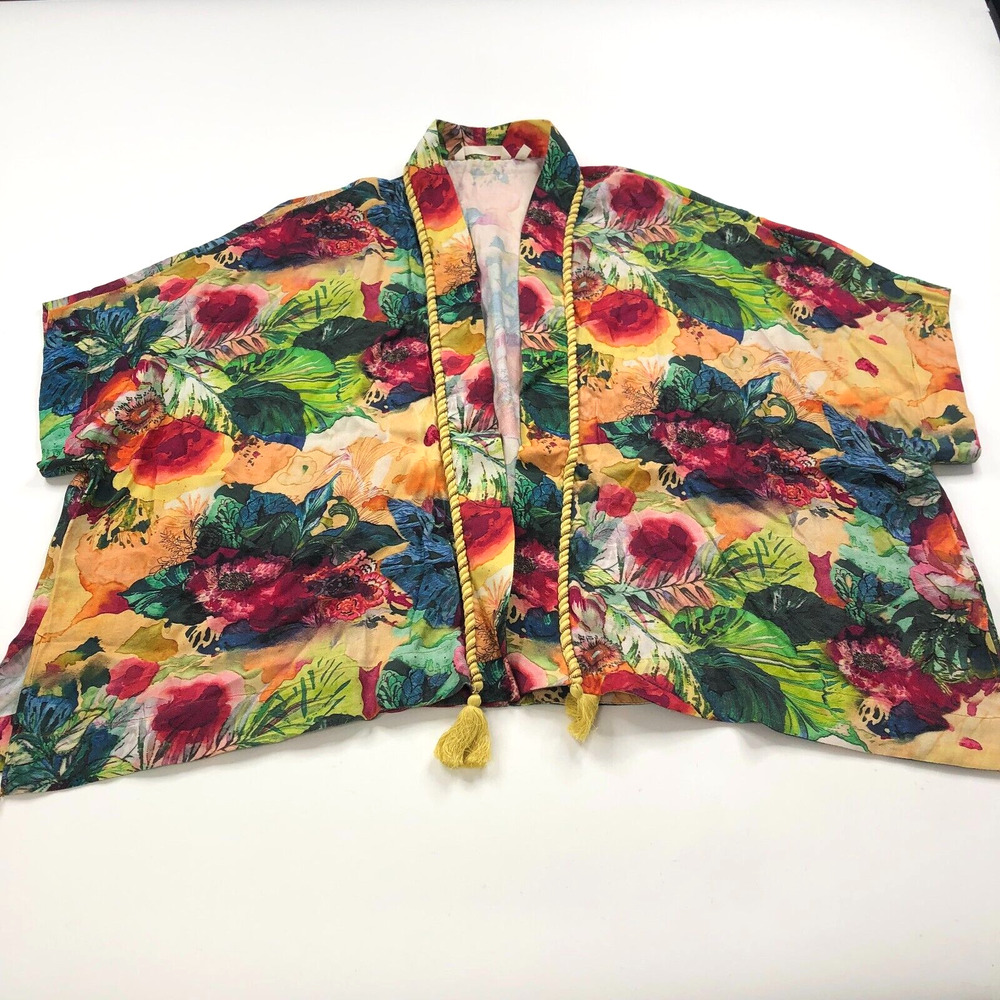 Soft Surroundings Large Open Front Cover Up Tassel Batik Floral All Over Print